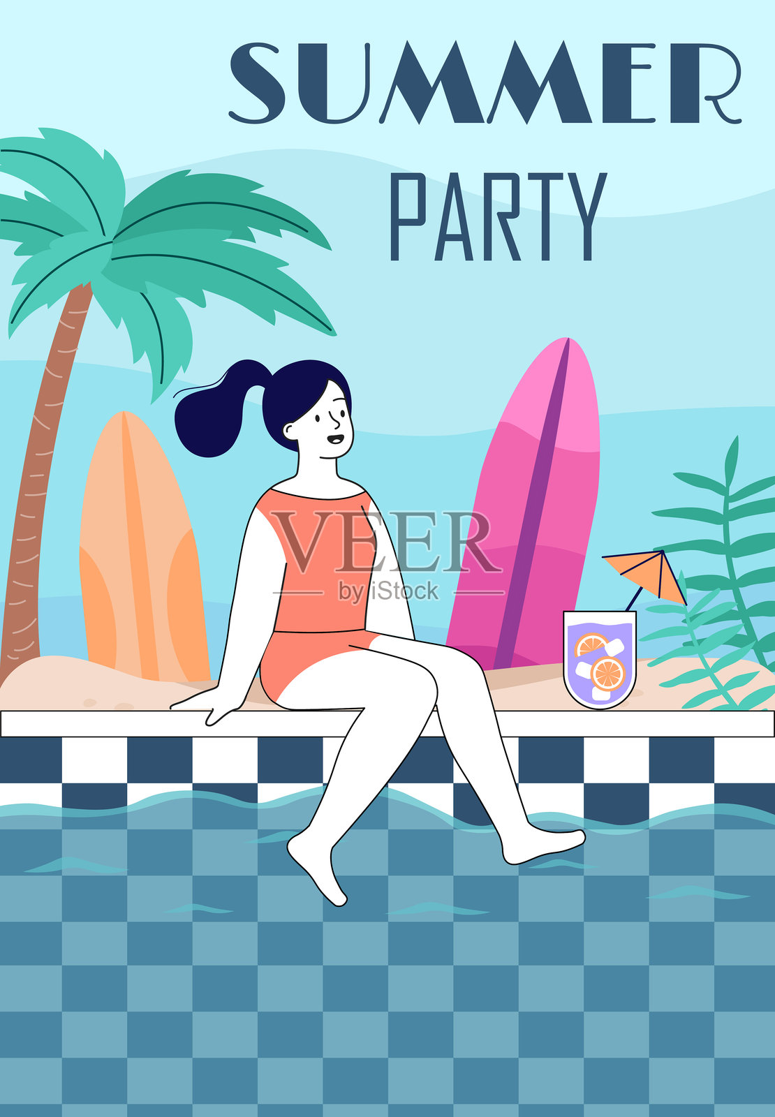 夏季派对海报。穿泳衣的女性与冲浪板坐在游泳池旁。假期和度假。度假村和天堂。传单、小册子和宣传册。线性矢量插图。插画图片素材