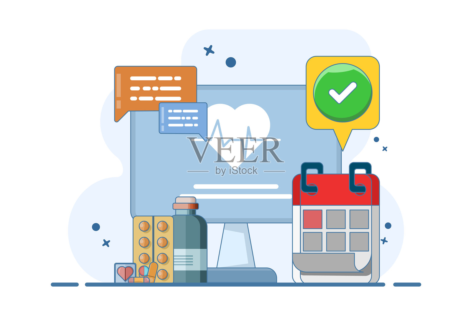 移动应用程序上的在线医疗咨询概念，通过手机屏幕进行。在线医疗诊所，远程医疗，在线医疗保健，在线医生咨询，数字健康。插画图片素材