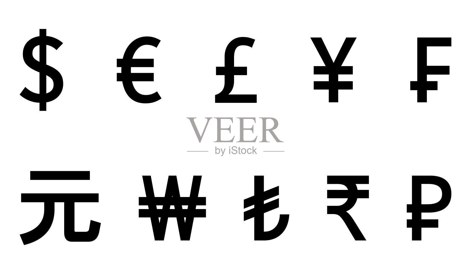 国际货币符号图标集。美元、欧元、英镑、卢布、印度卢比、日元、人民币、法郎、韩元、人民币、土耳其里拉。矢量图。插画图片素材