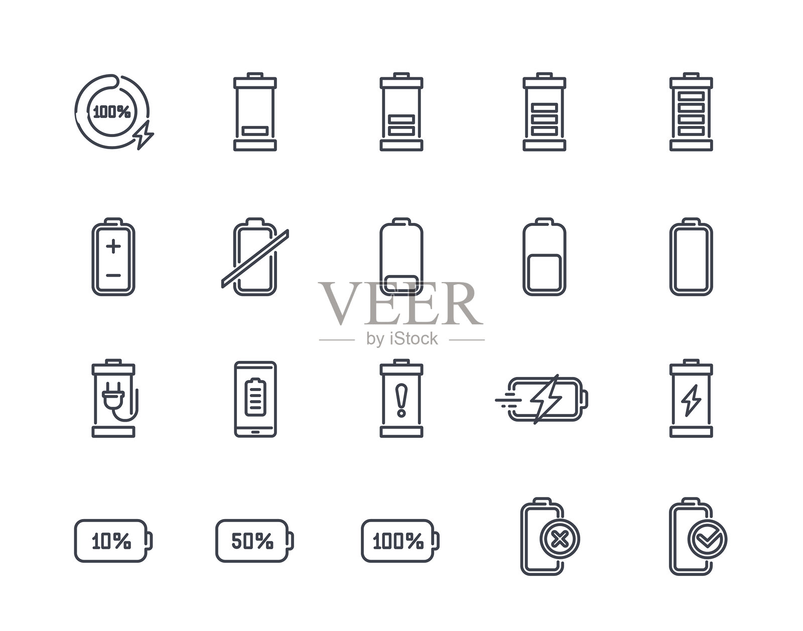 电池线条图标集。简单符号显示电池能量水平、充满或低电量指示以及快速充电。可编辑的线条。轮廓矢量插图合集。插画图片素材