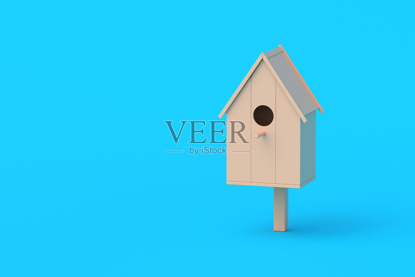 蓝色背景上的一个鸟屋。野生鸟类护理。留白。3D渲染。照片摄影图片