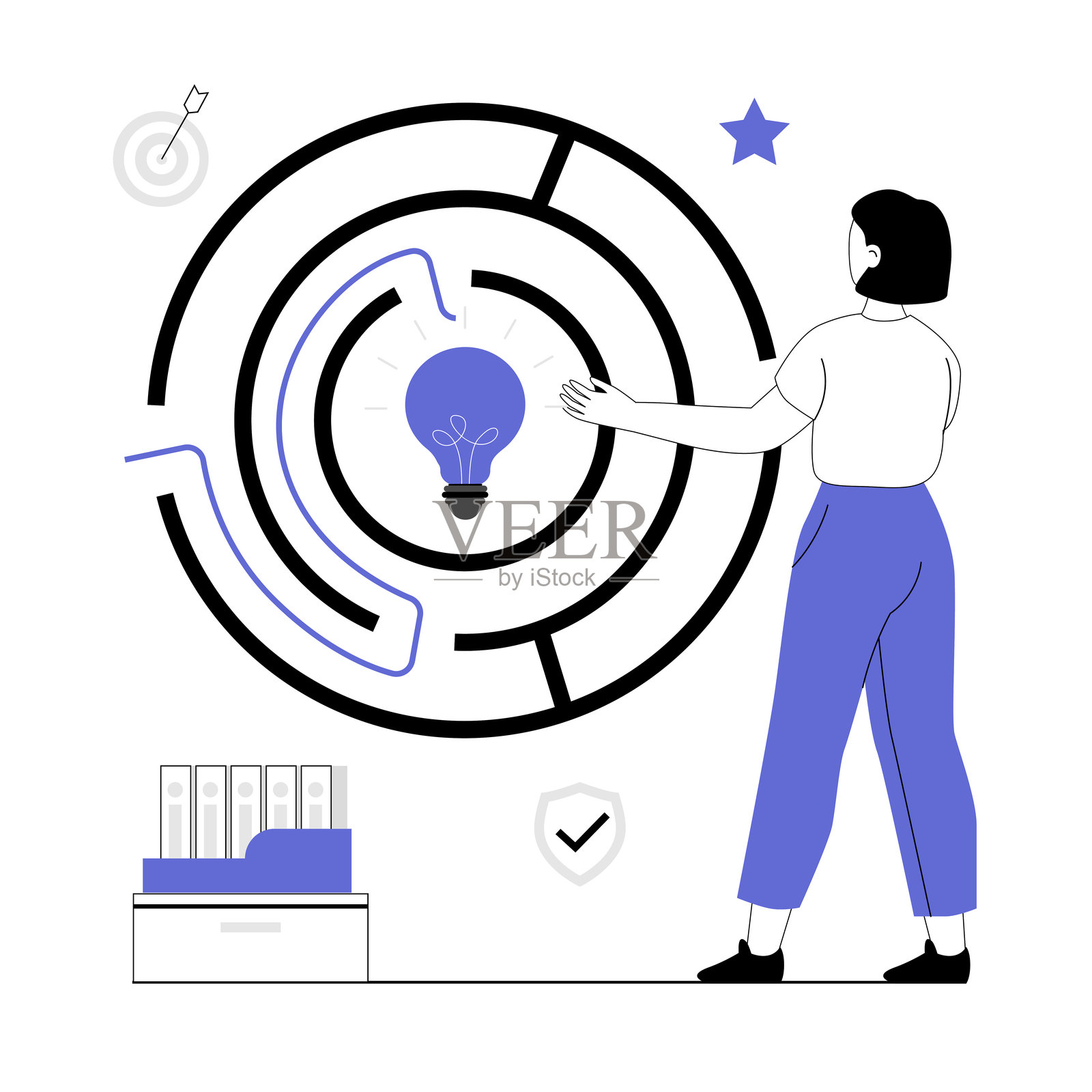 寻找创意、解决方案、头脑风暴过程。女性在寻找迷宫出口计划，并绘制从问题到答案的路径。用于网页设计的线条人物矢量插图。插画图片素材