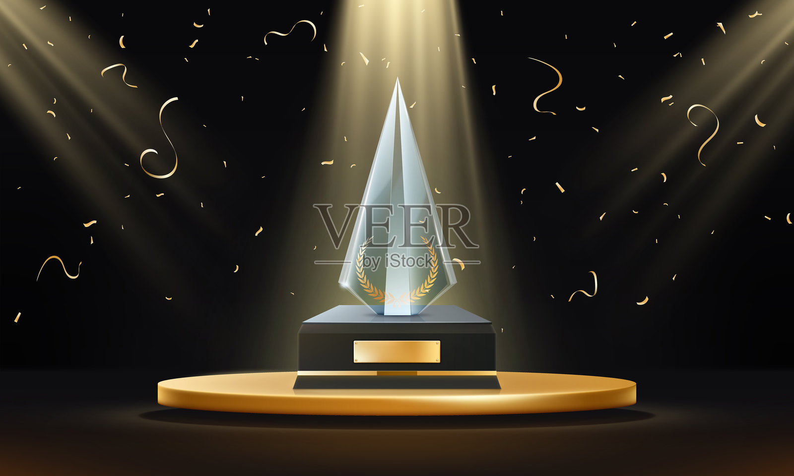 水晶奖项颁奖典礼背景，金色彩带，聚光灯，带有金色元素的讲台。插画图片素材