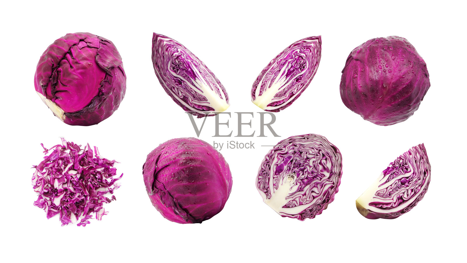 红甘蓝上有水滴的切片集合，孤立展示。照片摄影图片