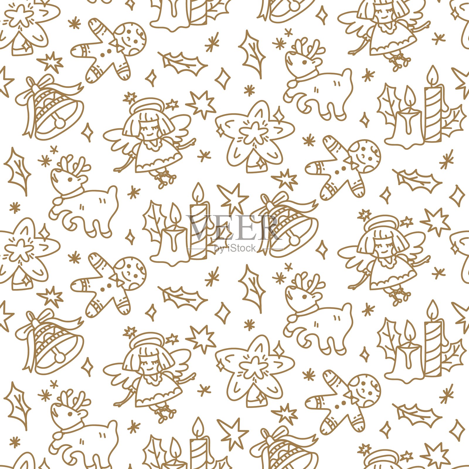 白色背景上的圣诞涂鸦图案。无缝图案的快乐寒假。新年快乐。勾勒出复古风格的装饰设计元素轮廓。包装印刷插画图片素材