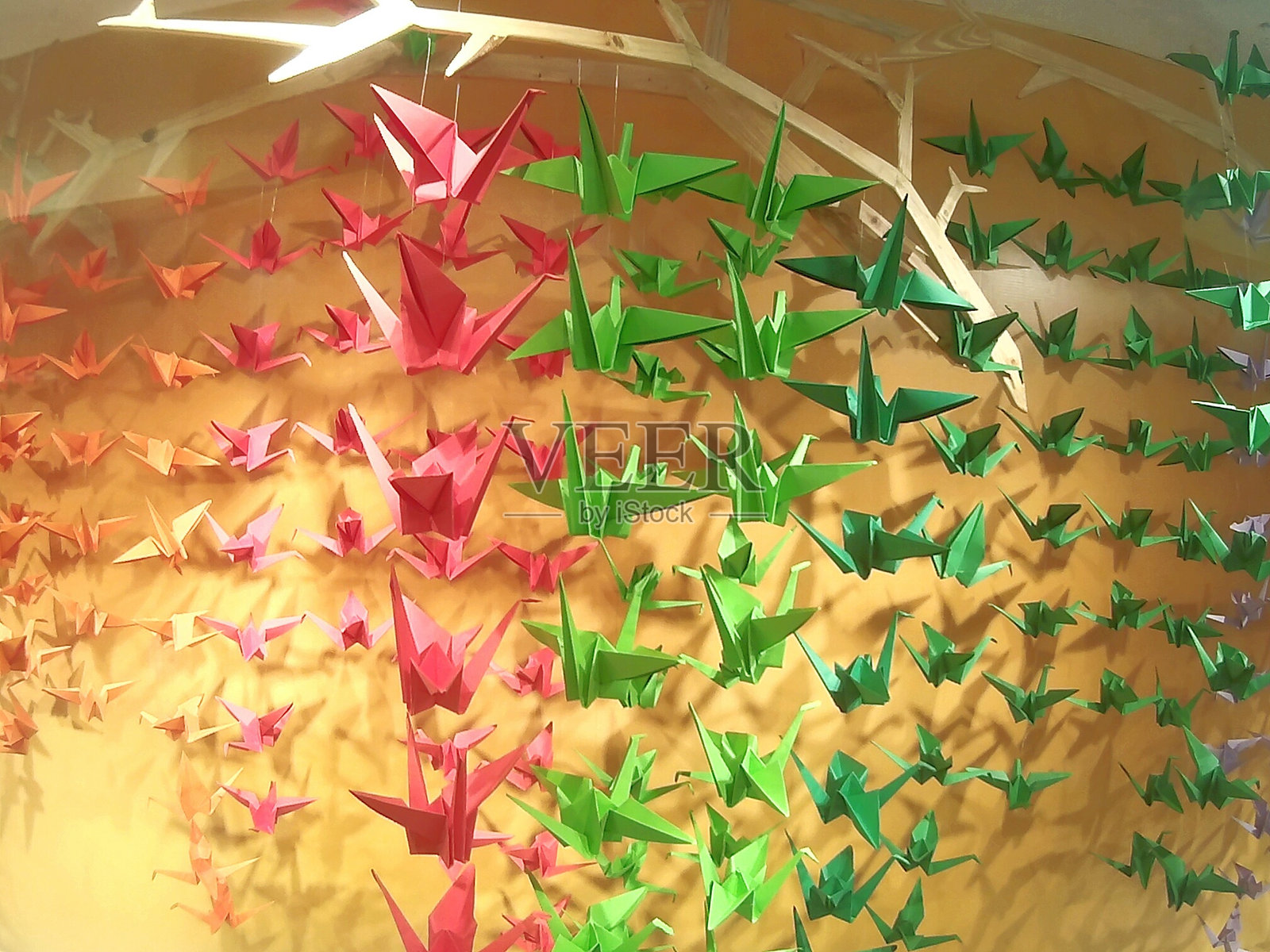 挂在墙上的纸鹤照片摄影图片