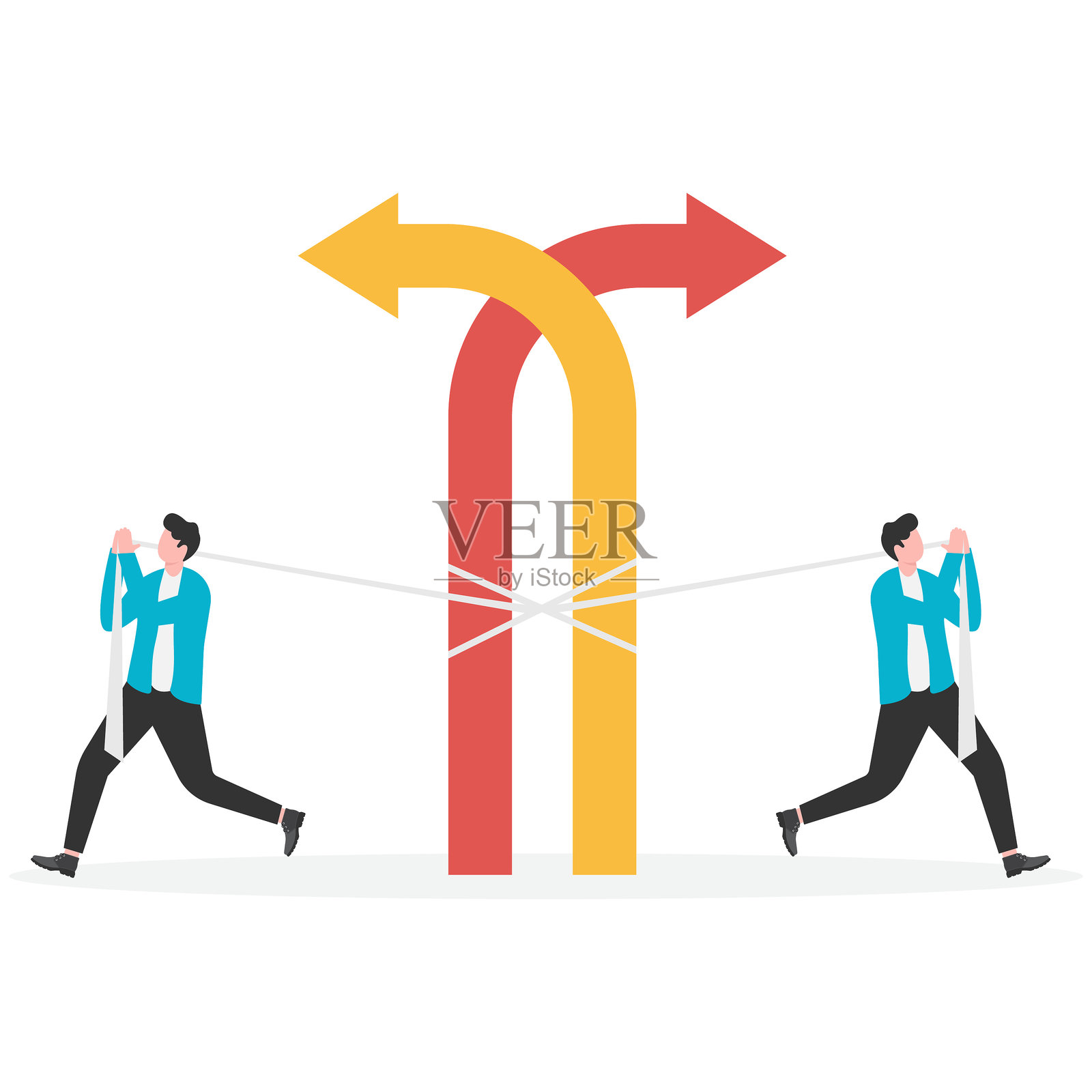 经济收缩，经济通缩，货币贬值，金融危机，经济问题，两位商人拉紧绑住箭矢的绳索插画图片素材