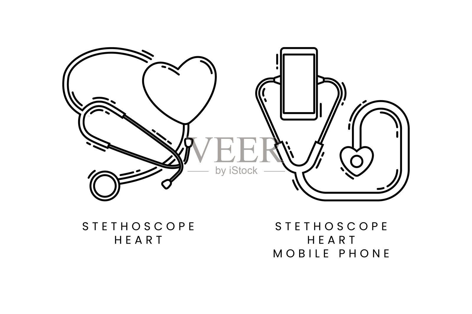 医疗概念图标设计合集。听诊器形状与爱心和手机结合。线条风格，黑白色调。插画图片素材