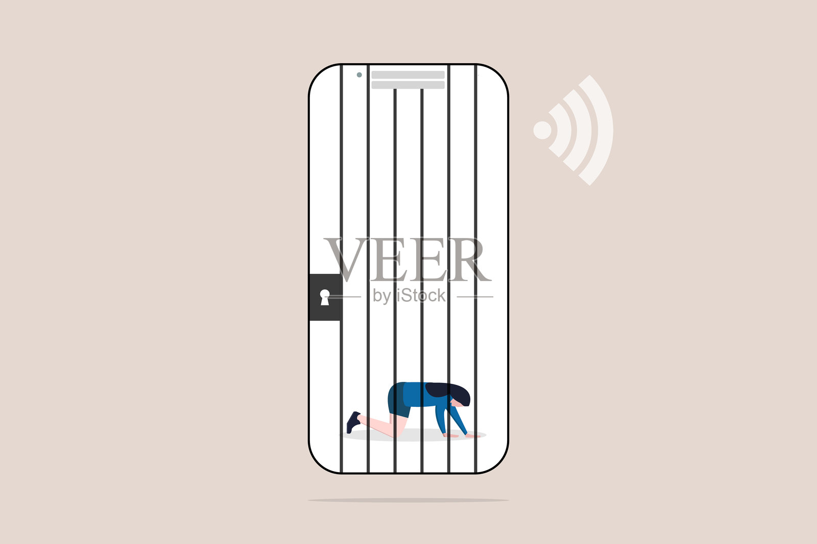 年轻女性社交媒体成瘾，手机如囚徒。健康问题、抑郁和压力的概念。插画图片素材