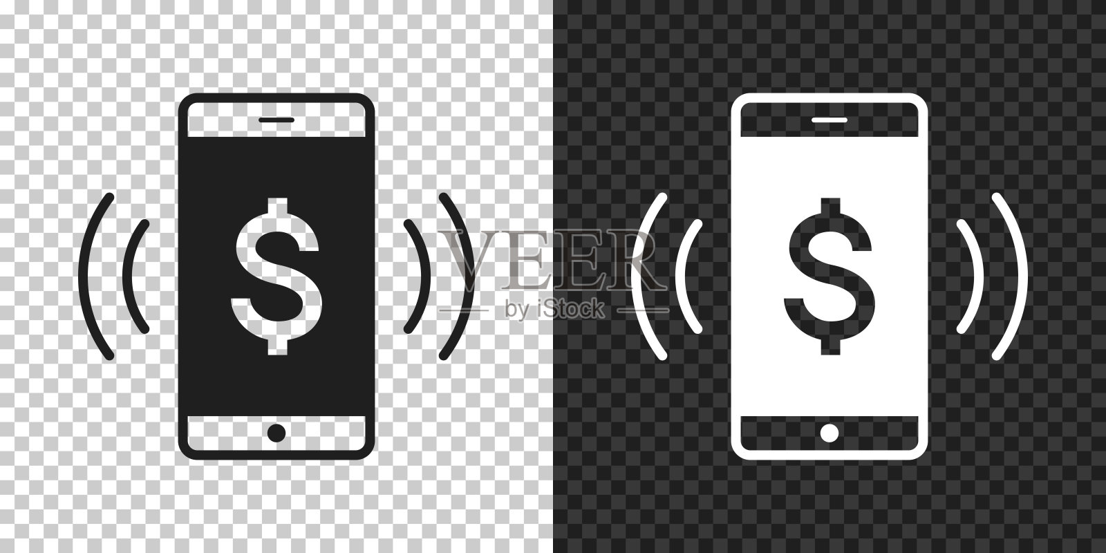 带有美元符号的智能手机铃声。设计图标，背景为空白。插画图片素材