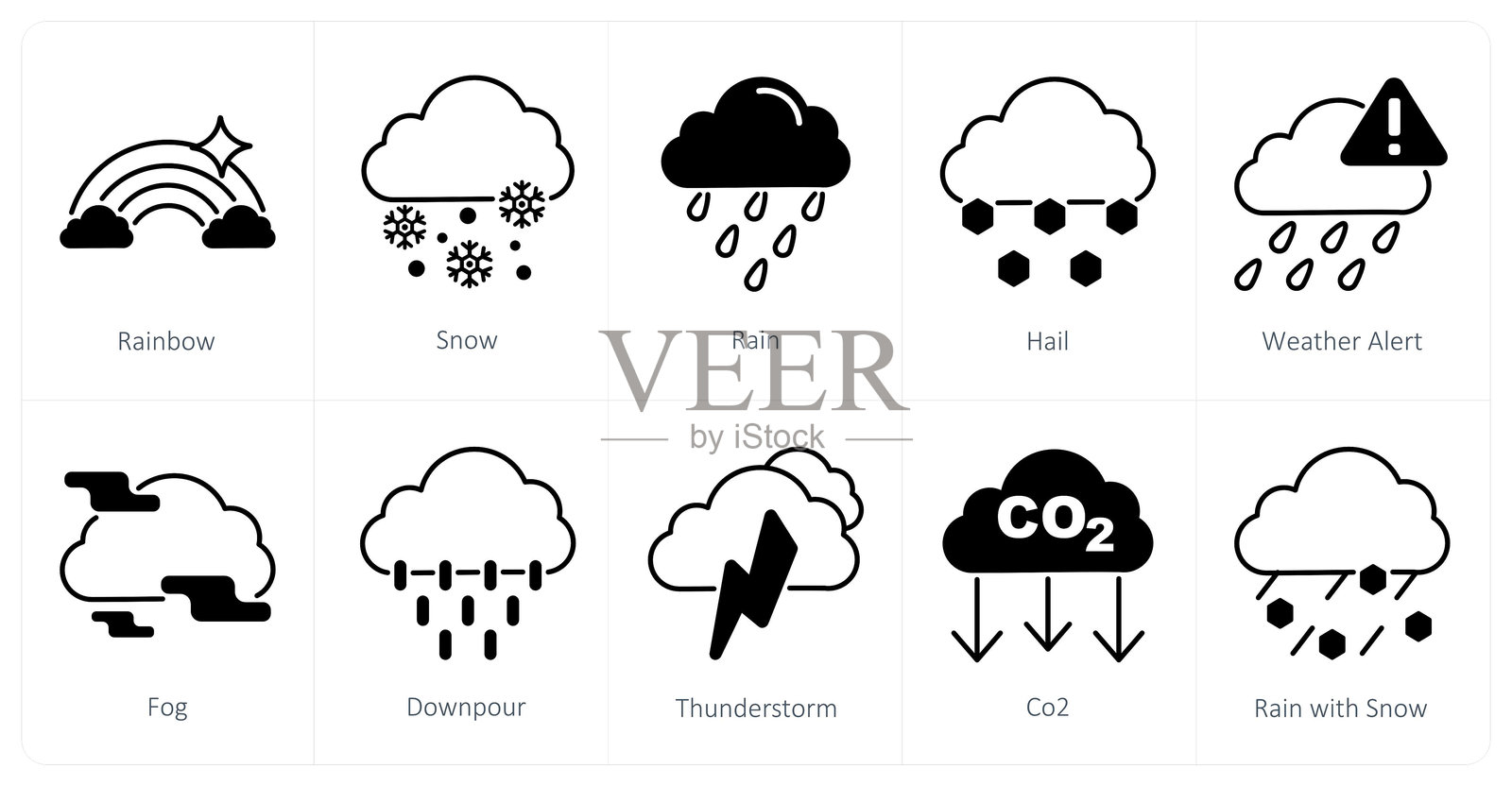 一组包含10个天气图标，包括彩虹、雪和雨。插画图片素材