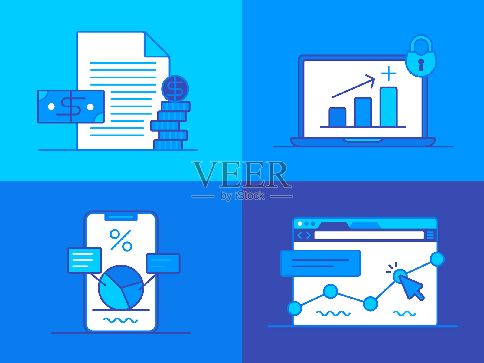 储蓄、退休、股票市场数据、银行符号和图标插画图片素材