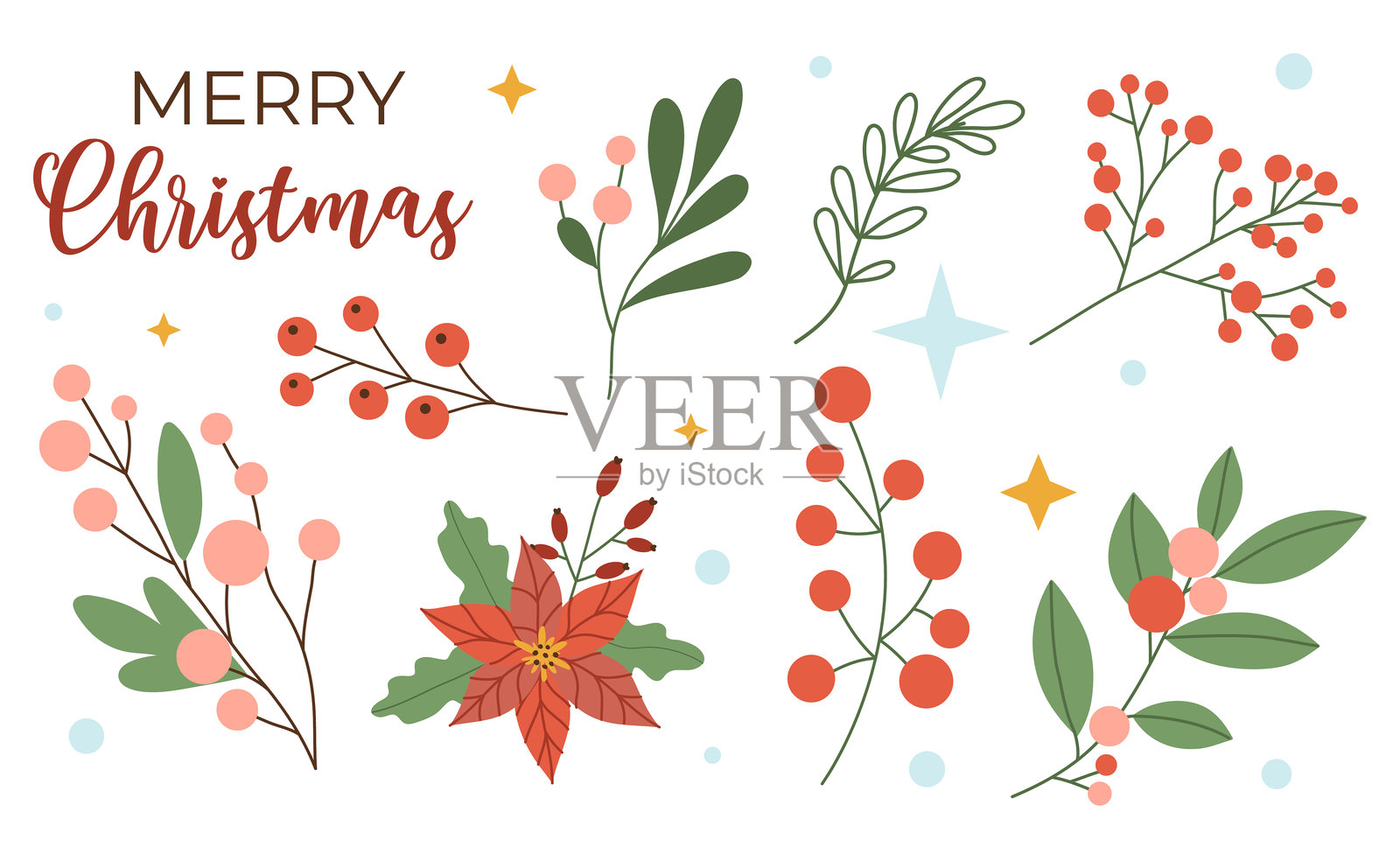 圣诞装饰元素套装，浆果、花朵、叶子、星星，孤立在白色背景上。矢量插图，扁平风格插画图片素材