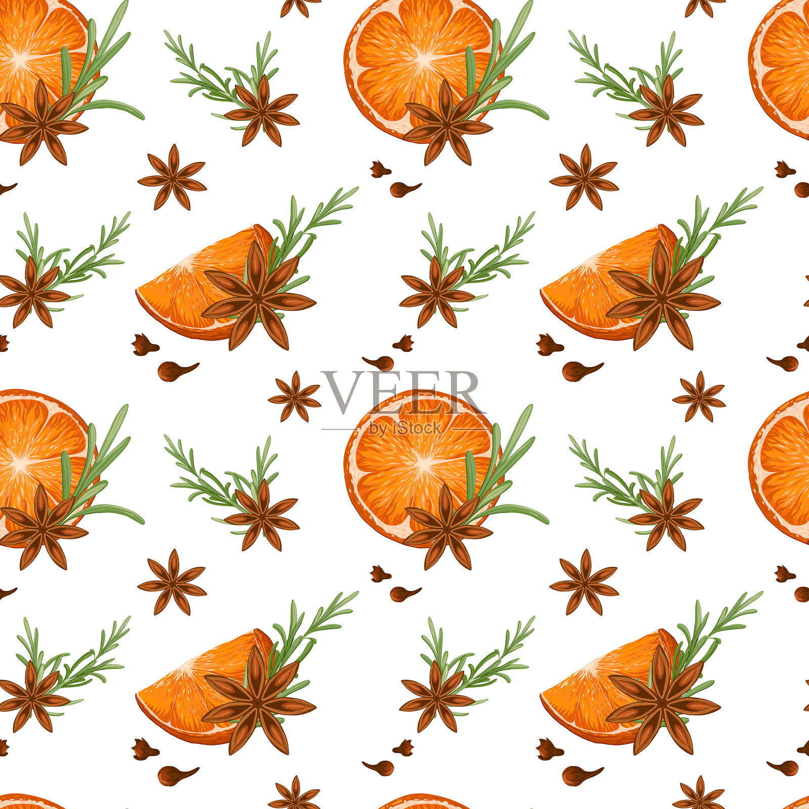 带有热红酒配料的无缝矢量图案，包括橙子、丁香、八角和迷迭香枝。插画图片素材