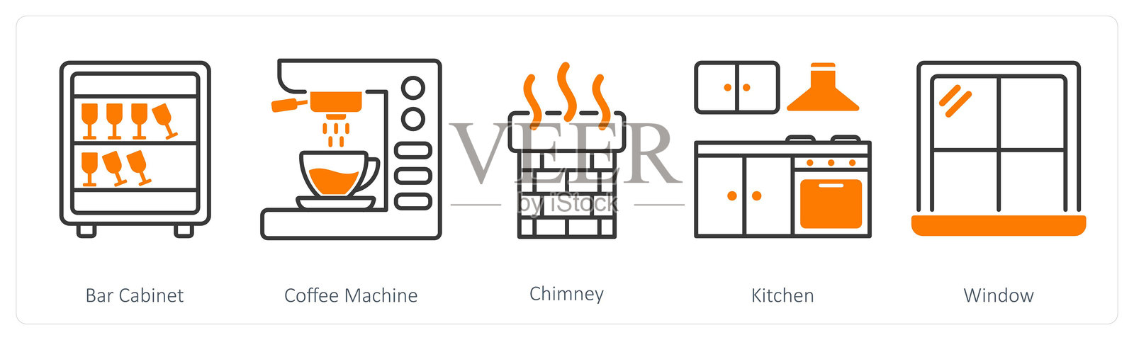 一组5个家具图标，包括酒吧柜、咖啡机和烟囱插画图片素材