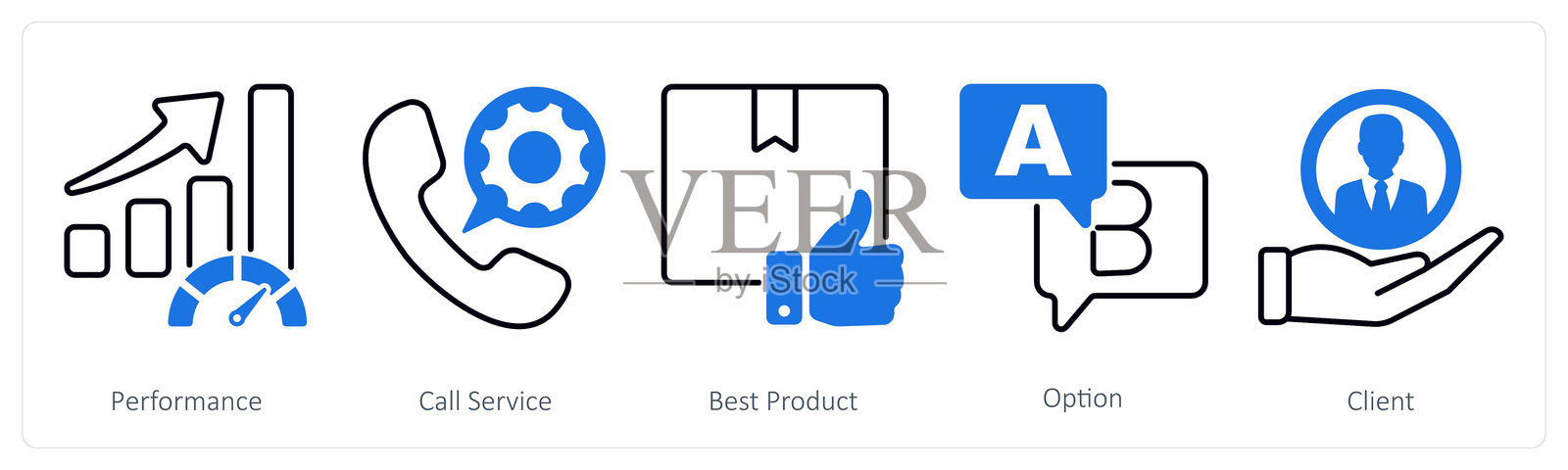 一组5个调查和评分图标，代表表现、呼叫服务、最佳产品插画图片素材