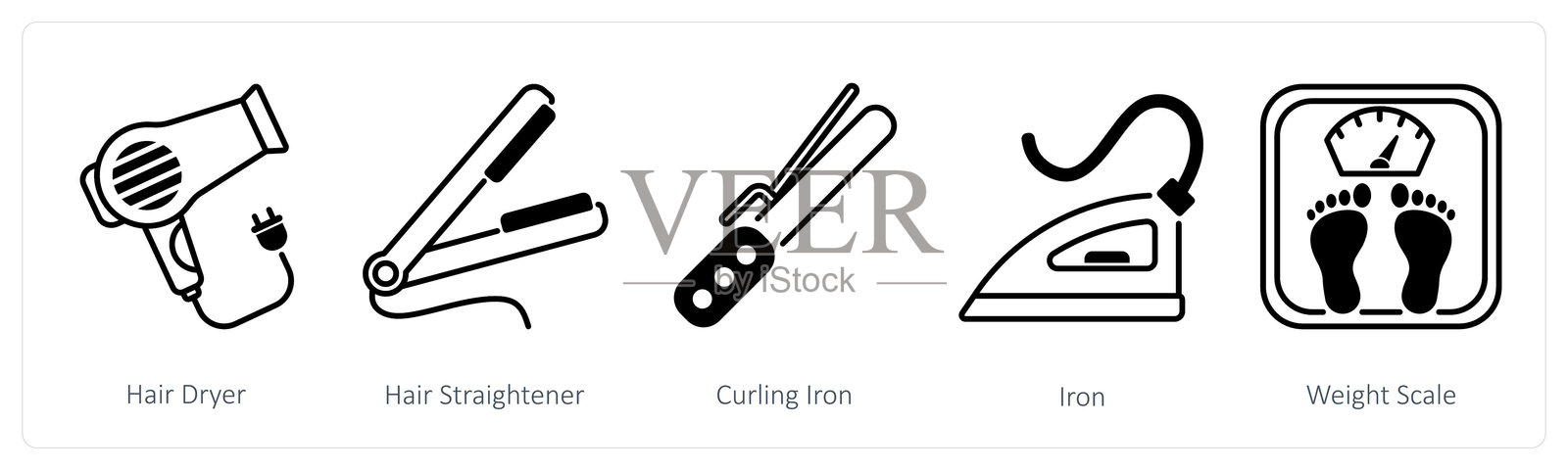 一组包含5个家用电器图标，如吹风机、直发器、卷发棒插画图片素材