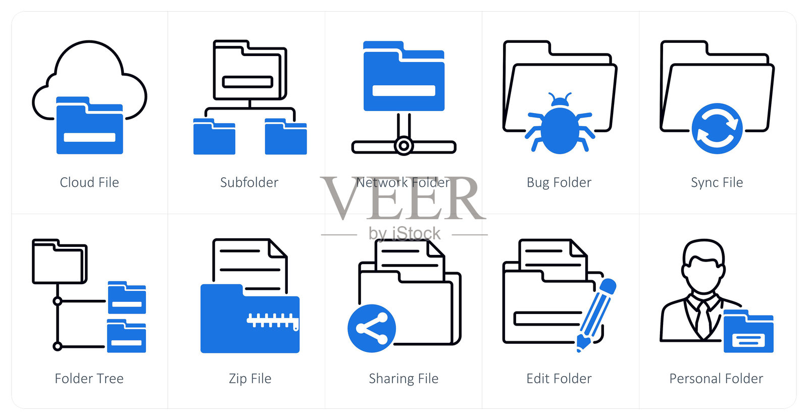 一组10个文件图标，包括云文件、子文件夹和网络文件夹插画图片素材