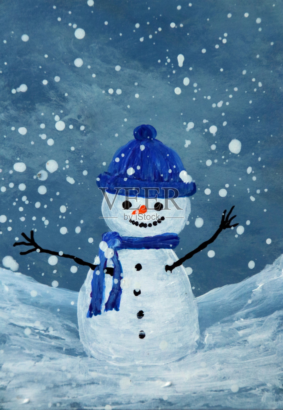 戴蓝色帽子的雪人插画图片素材