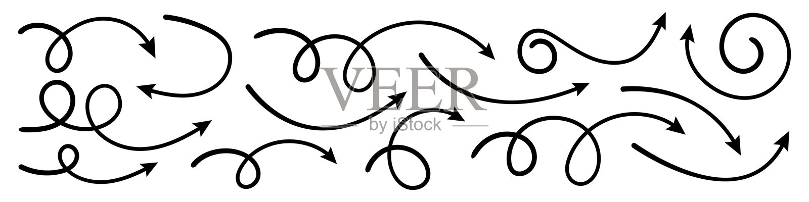 一组弯曲箭头。简单的手绘弯曲箭头集合。插画图片素材