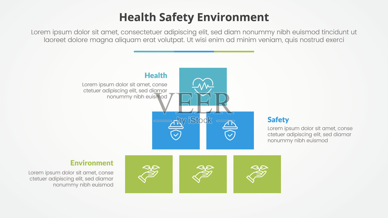 HSE信息图表概念，用于幻灯片演示，包含矩形金字塔结构和三点列表，采用扁平风格插画图片素材