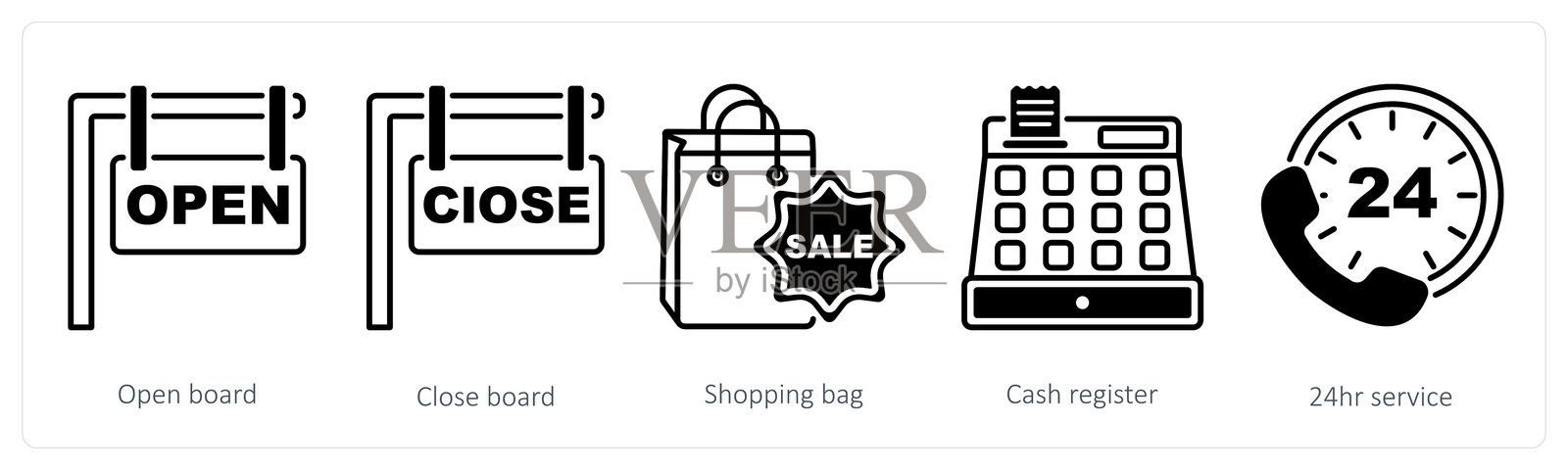 一组包含5个优惠和销售图标，包括开放板、关闭板和购物袋。插画图片素材