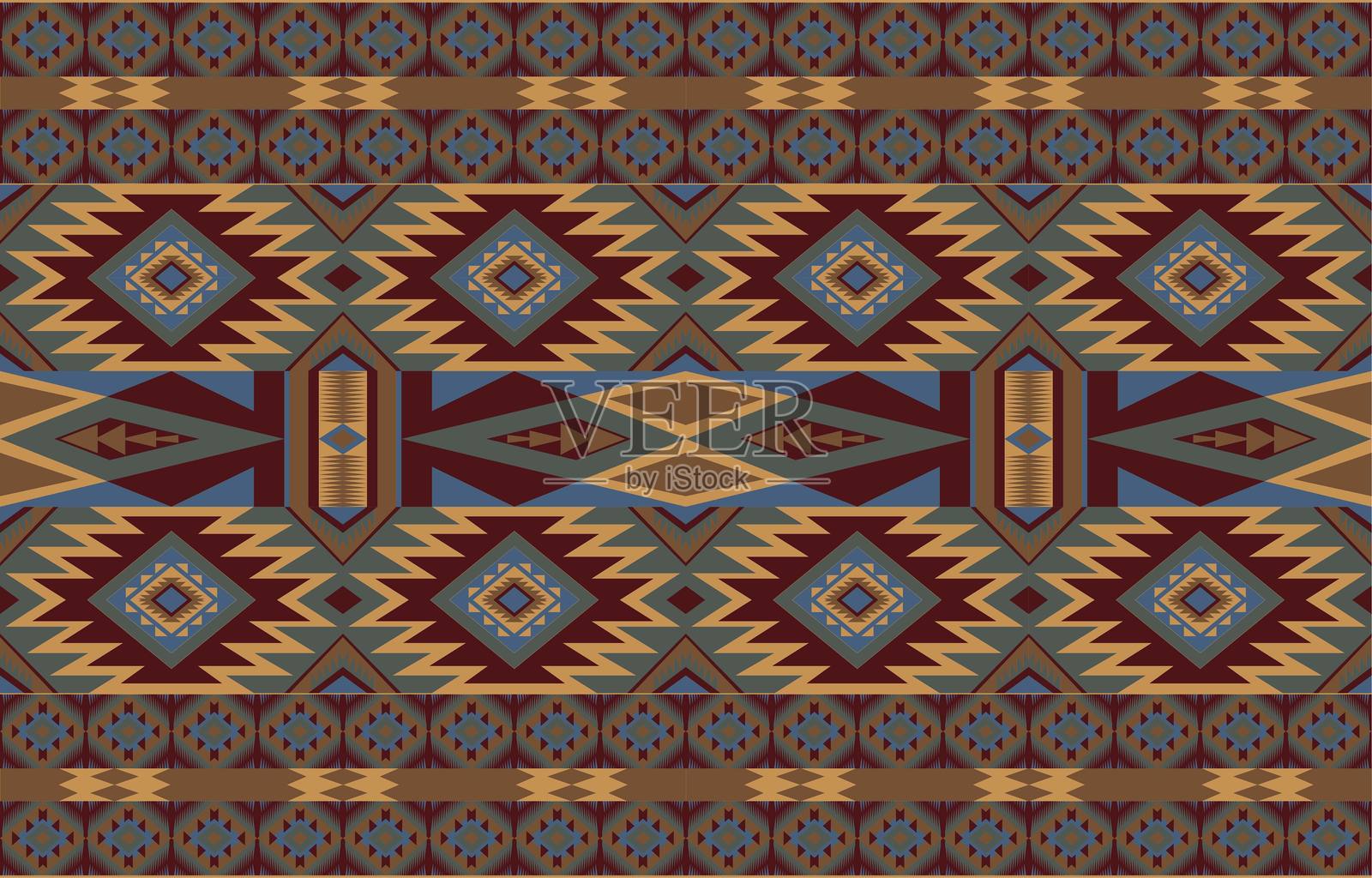 阿兹特克和纳瓦霍几何无缝图案。美洲原住民西南部印花。民族风格壁纸、面料、封面、纺织品、地毯、毛毯。插画图片素材