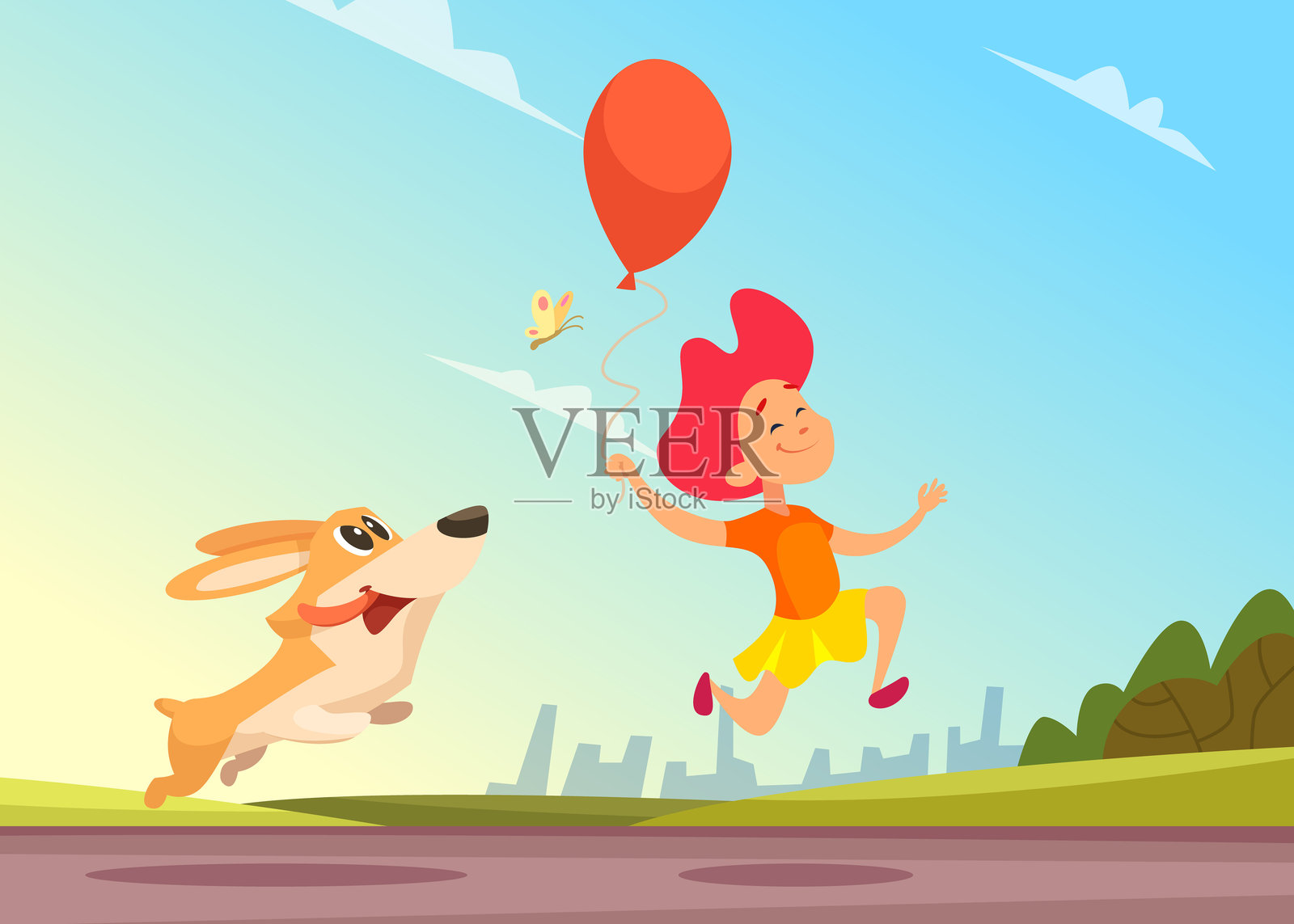 狗在奔跑。最好的朋友女孩手持红色气球，和小狗一起跳跃追逐蝴蝶，背景是矢量卡通风景。插画图片素材