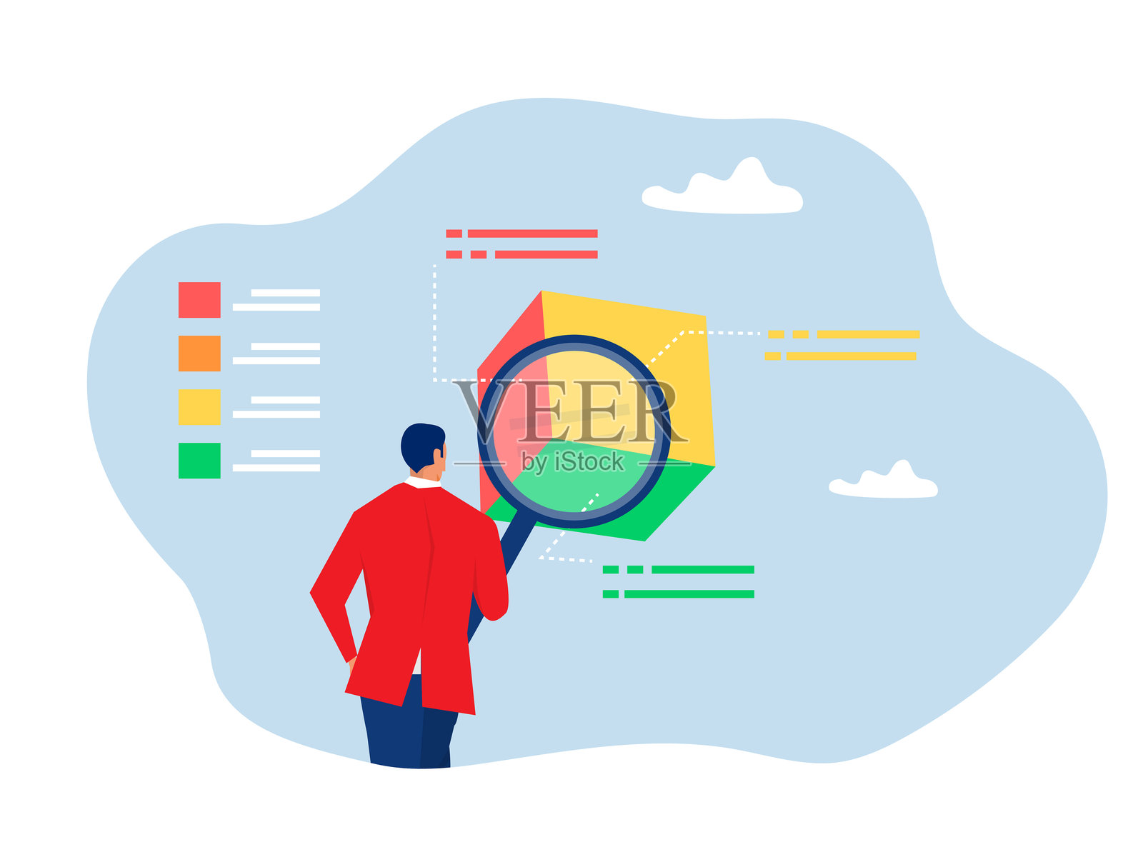 市场调研商用放大镜分析漂浮立方体，研究产品原型或竞争对手，寻找优缺点概念。插画图片素材