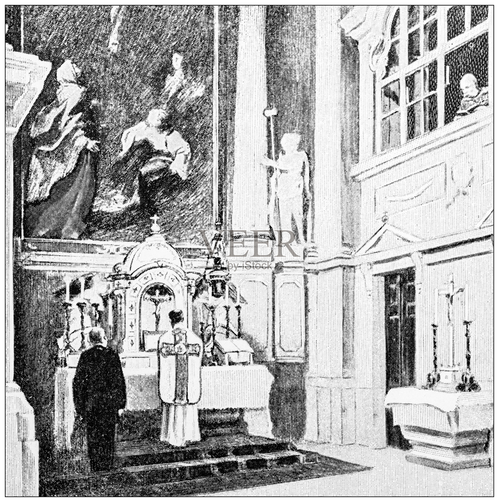 古董图像：奥地利的弗朗茨·约瑟夫一世私人教堂插画图片素材