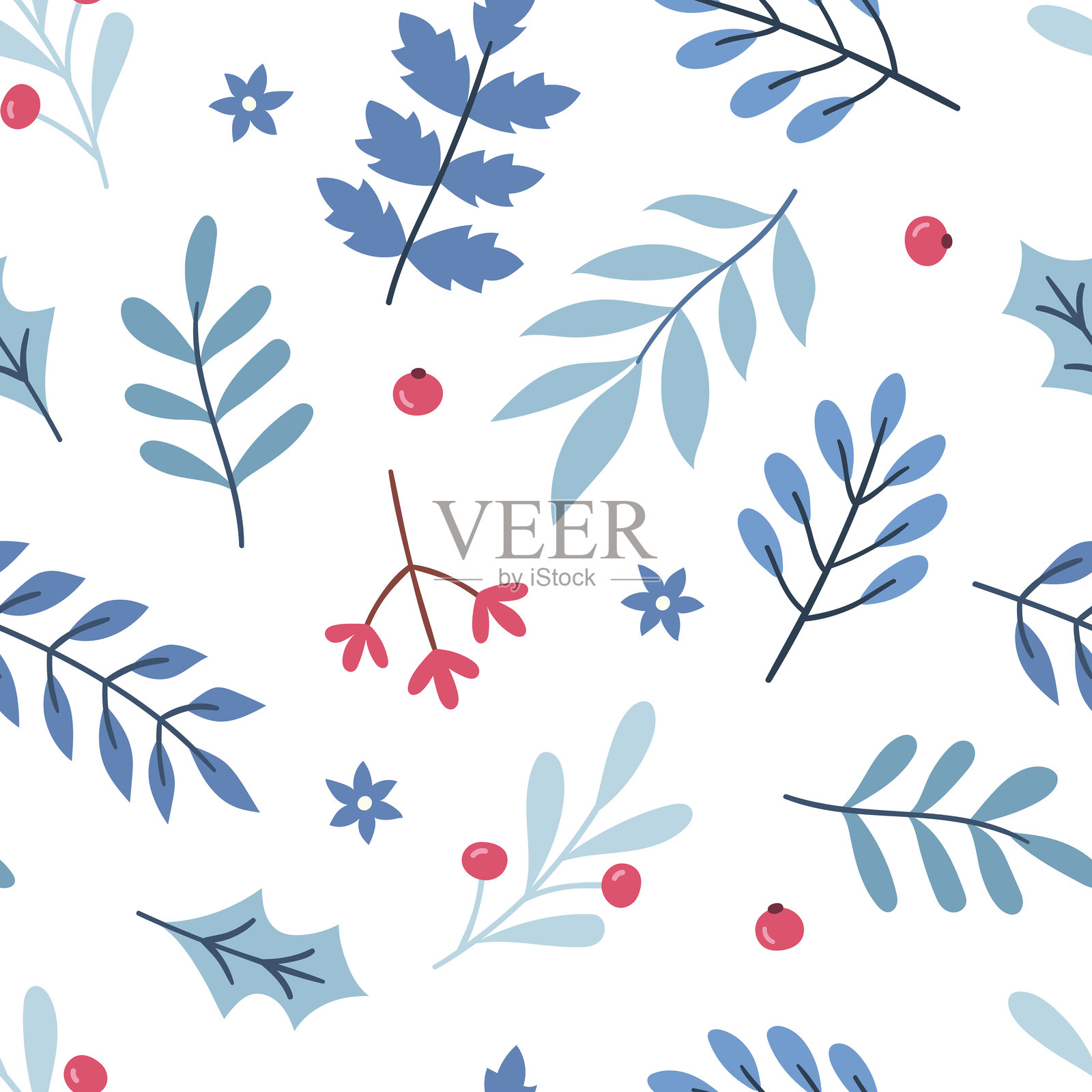 冬季无缝斯堪的纳维亚风格图案。植物、叶子、花朵插画图片素材