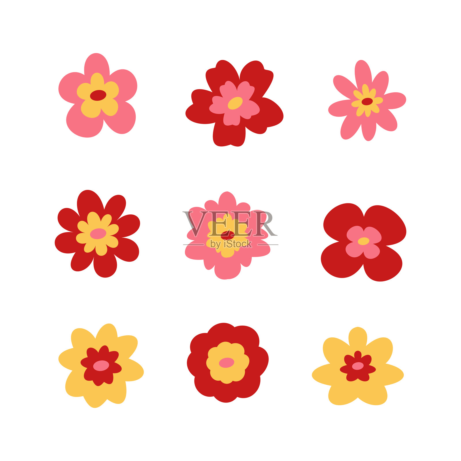 简单的花朵图标，扁平风格。孤立的卡通插图集合。插画图片素材