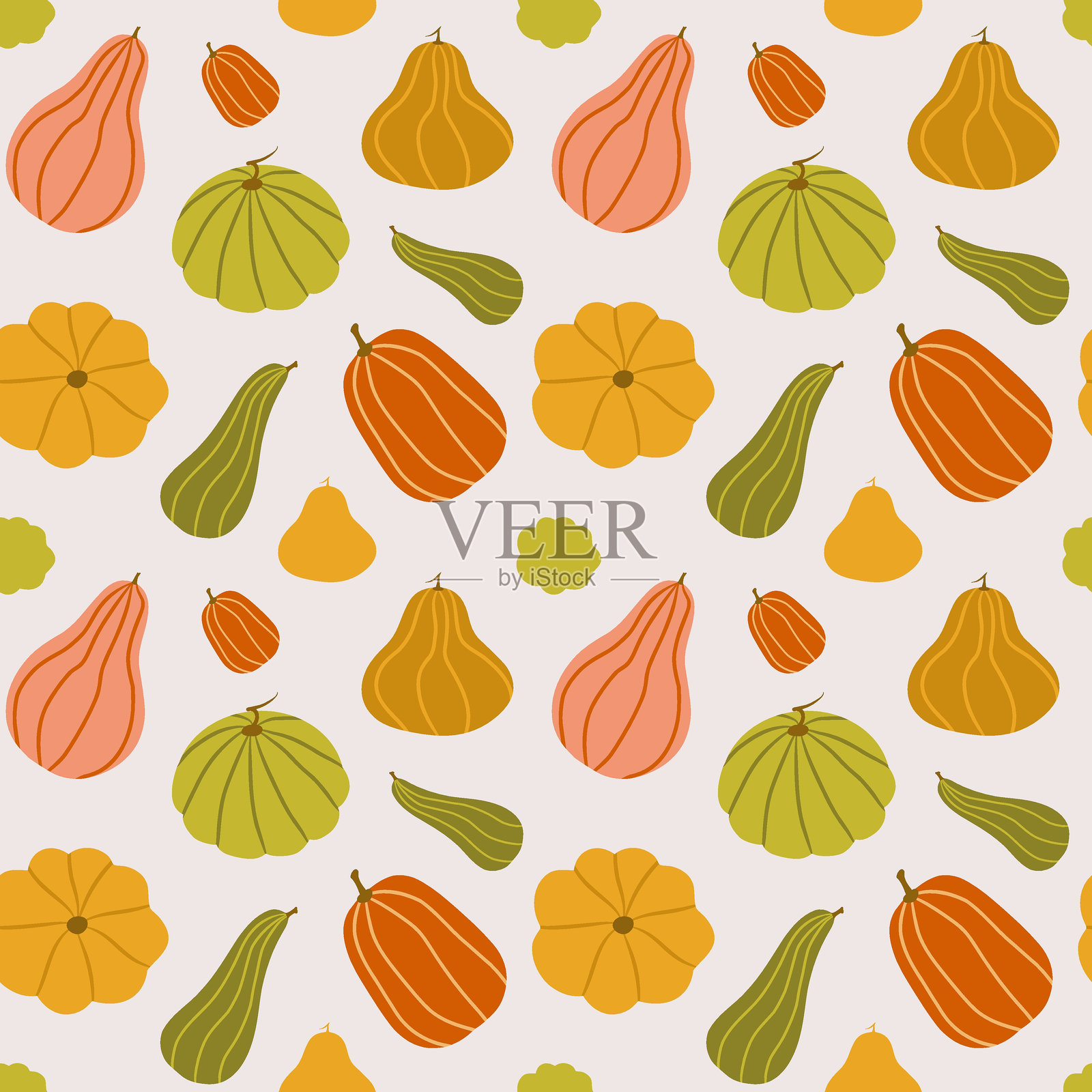 南瓜无缝图案，矢量无缝图案，不同颜色，不同形状插画图片素材