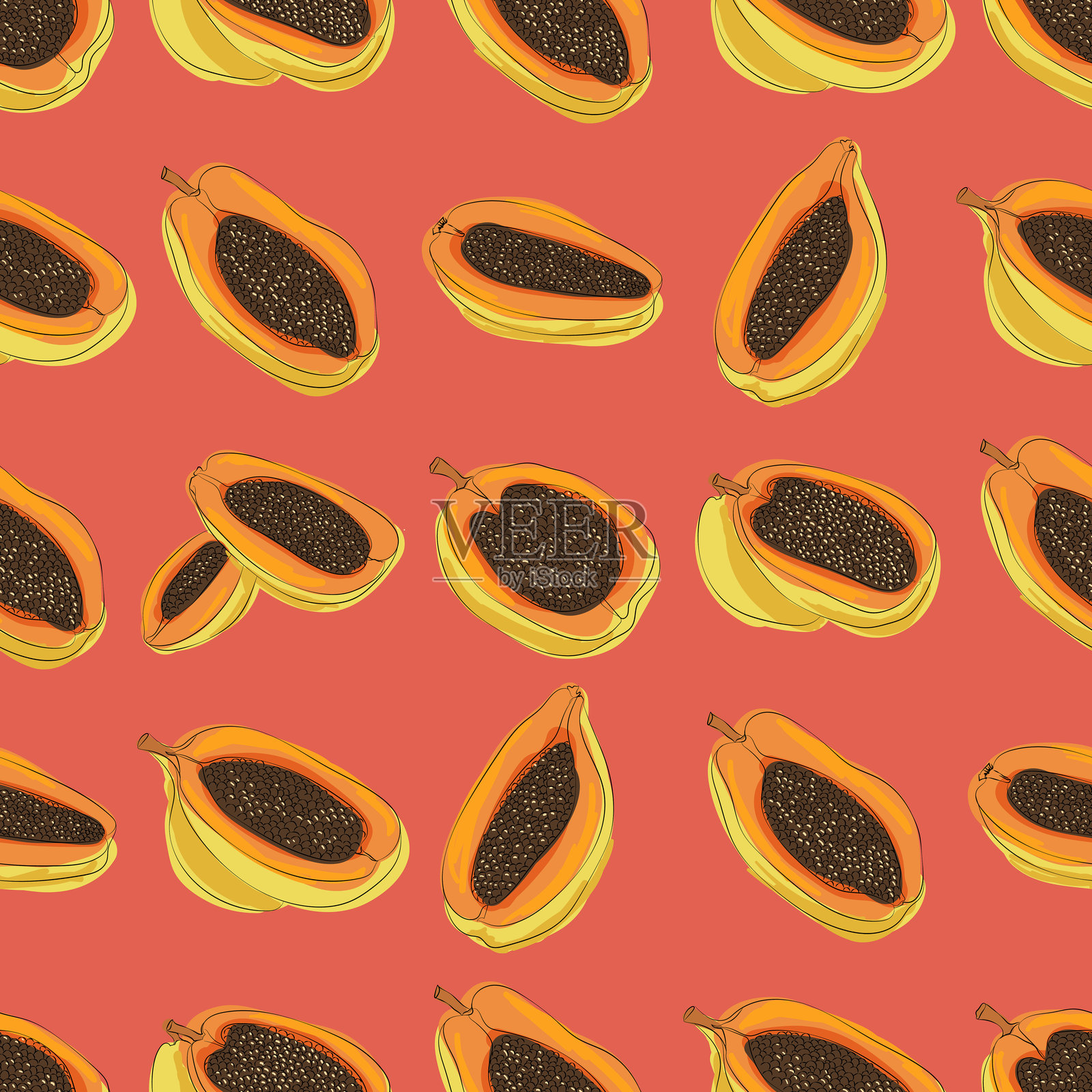 木瓜无缝图案。水果色彩背景。食品印刷，适合用于布料、包装纸、墙纸的印刷。插画图片素材