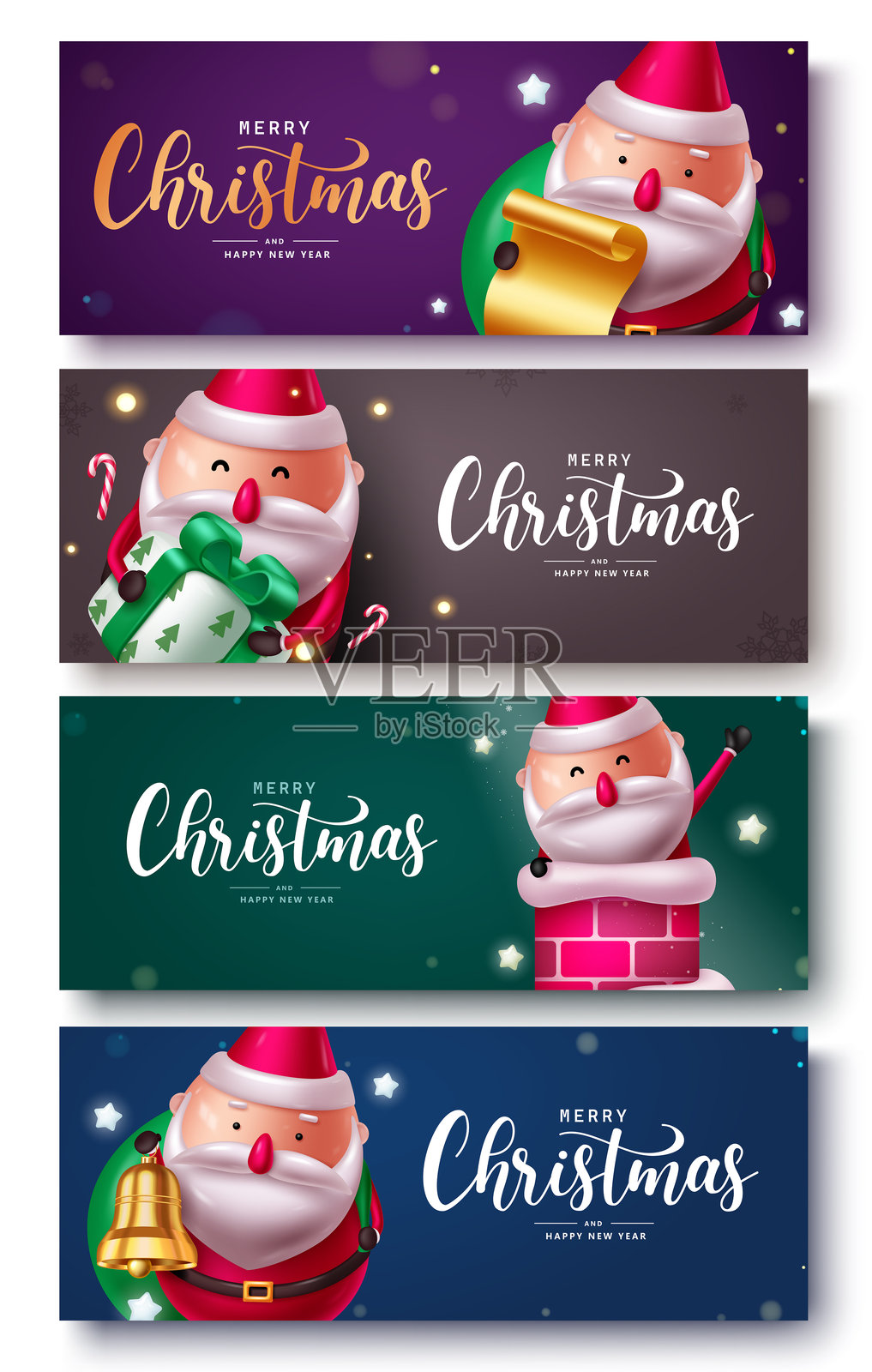 圣诞老人角色海报设计套装。带有幽默、友好和快乐的圣诞老人以及多彩的新年标签的圣诞快乐贺卡。插画图片素材