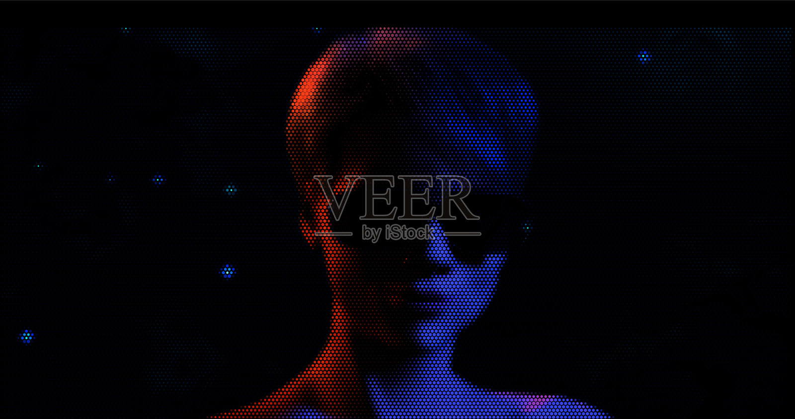 抽象几何色彩丰富的图形设计印刷蜂窝图案的女性模特在霓虹灯下。矢量插图。插画图片素材