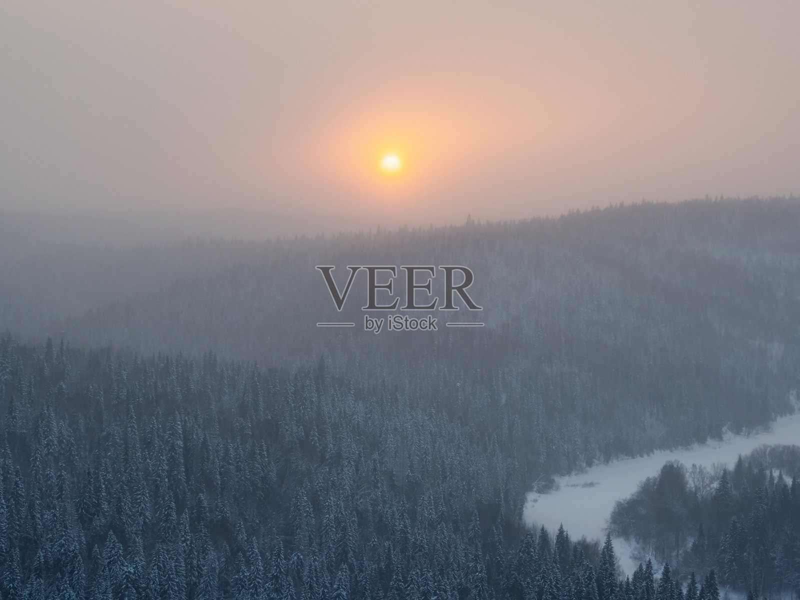 森林背景下明亮的霜冻雾蒙蒙的黎明照片摄影图片