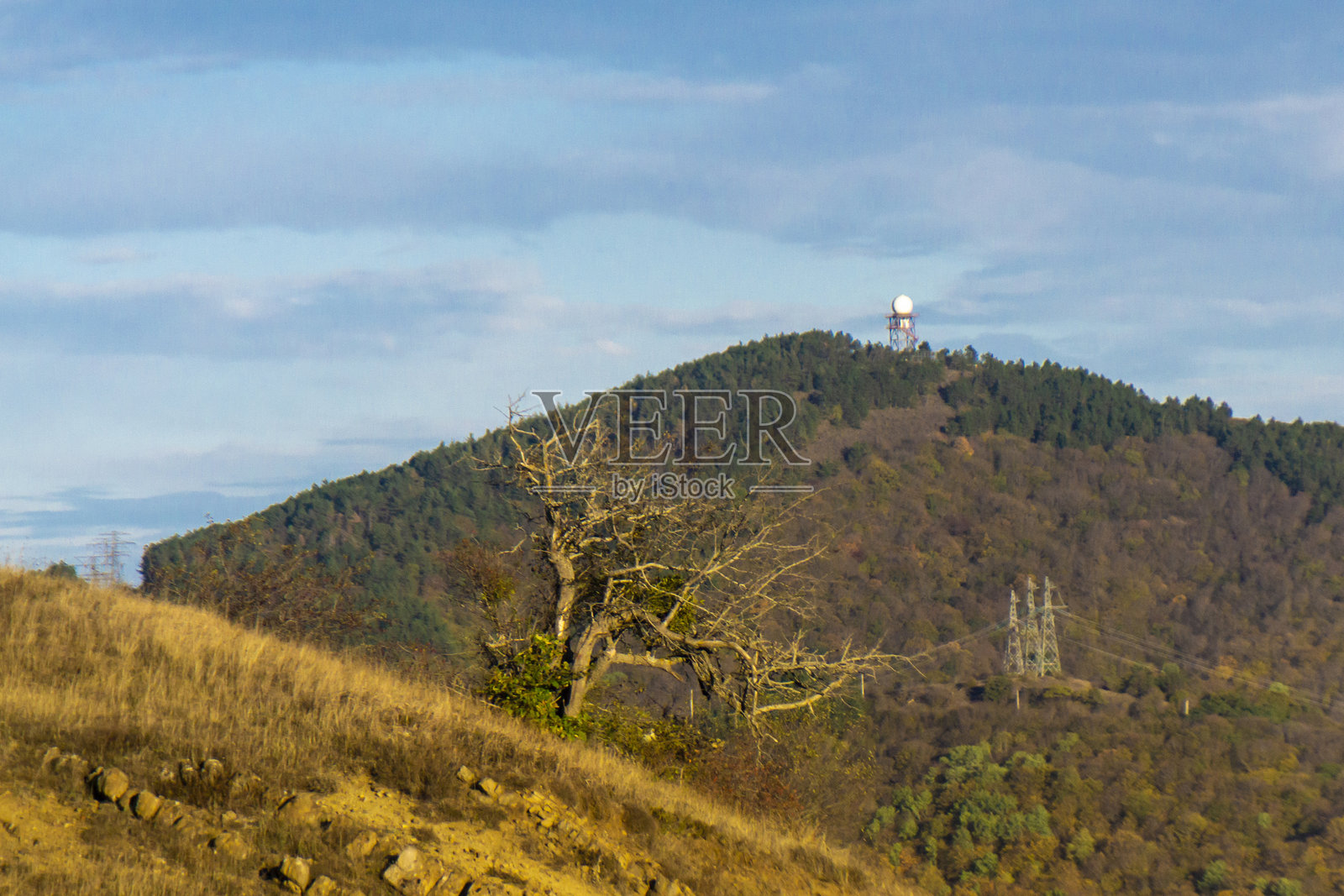 气象站和山丘上的球，周围是秋天的树木。高压电线杆。前景中有干枯的树和橙色的草。明亮的天空中有云彩。照片摄影图片