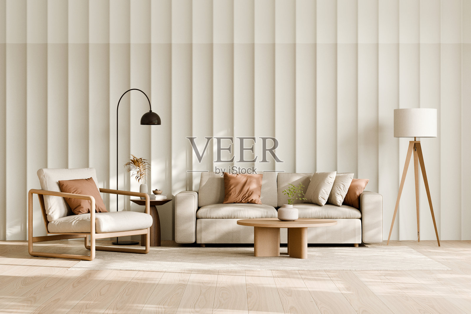 现代客厅，米色和温暖色调。3D渲染。照片摄影图片