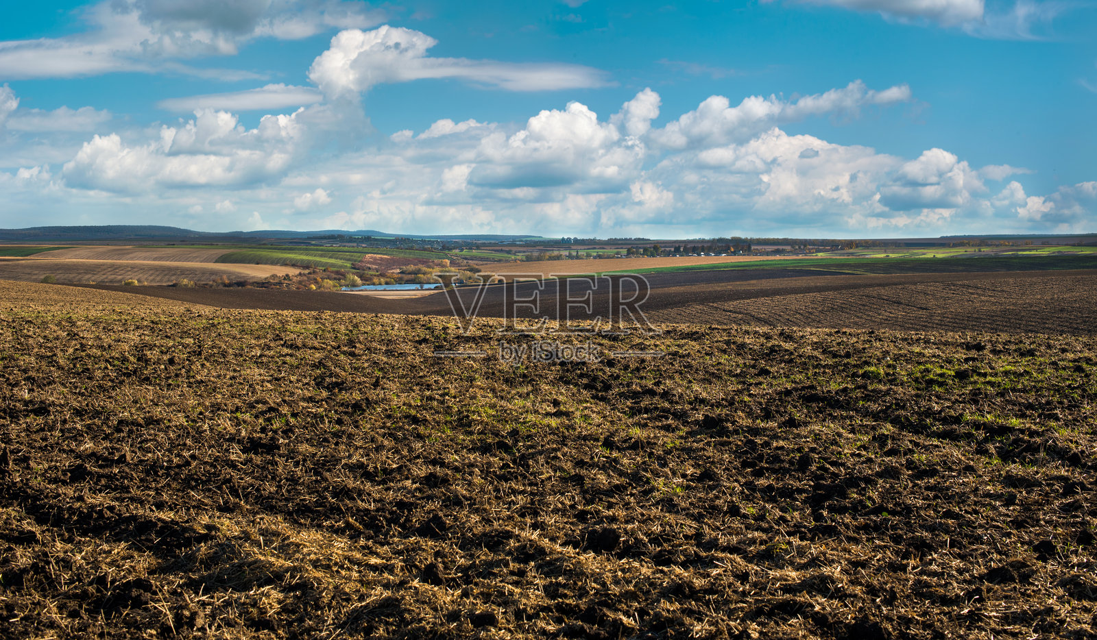 耕作的农田上种植着冬小麦，远处有山丘和湖泊，天空中飘着云朵。照片摄影图片
