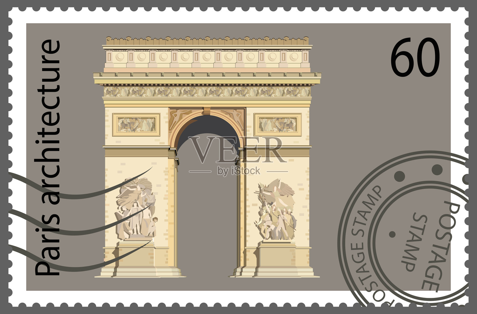 巴黎凯旋门的邮票。矢量图。插画图片素材