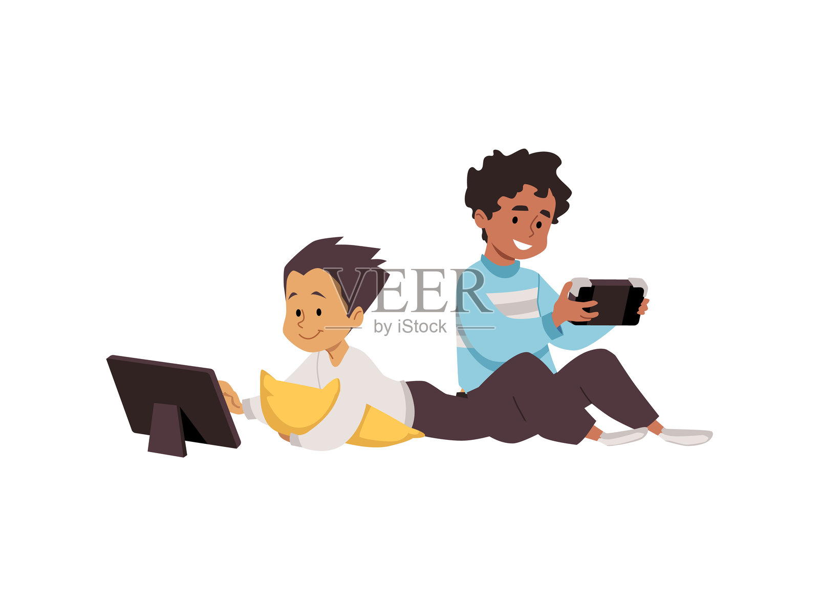 可爱的孩子们在看平板电脑和智能手机，矢量男孩使用电子设备，在线娱乐交流插画图片素材