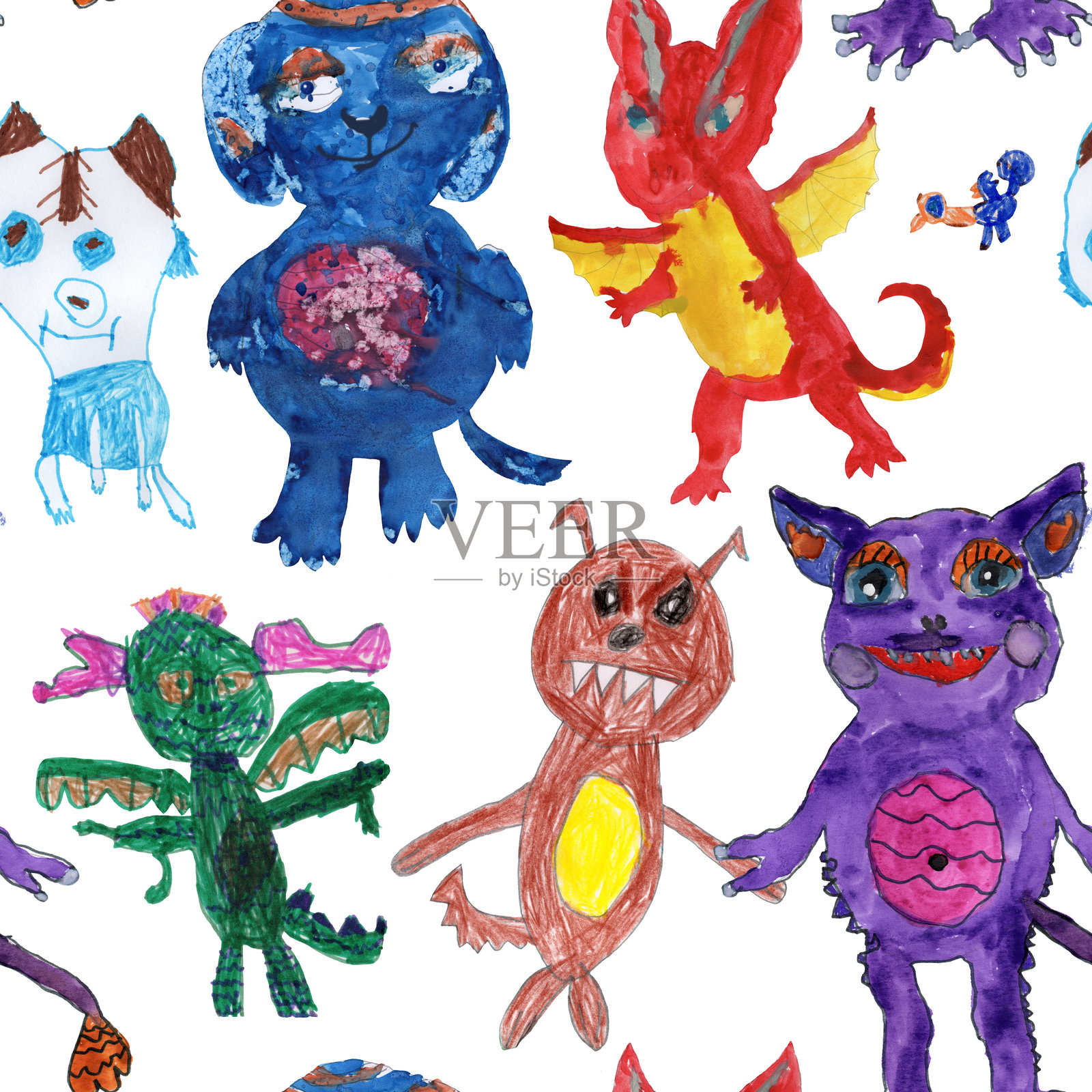 幻想怪物和外星人，使用彩色铅笔和水彩手绘。白色背景上的无缝图案插画图片素材