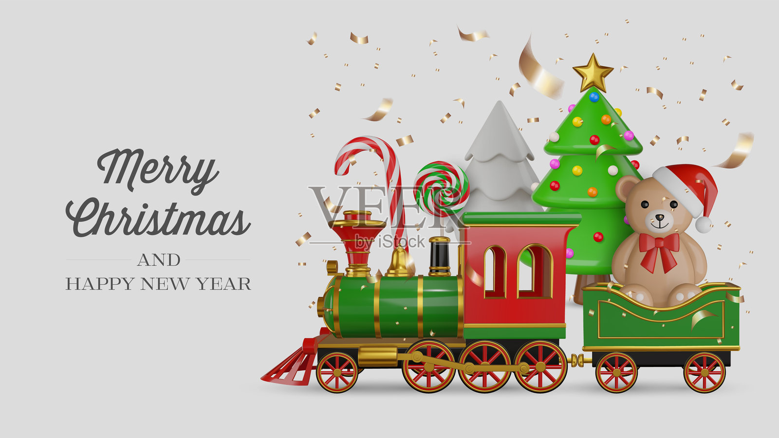圣诞贺卡，上面有3D玩具火车和圣诞树，带有3D真实元素的圣诞快乐横幅。插画图片素材
