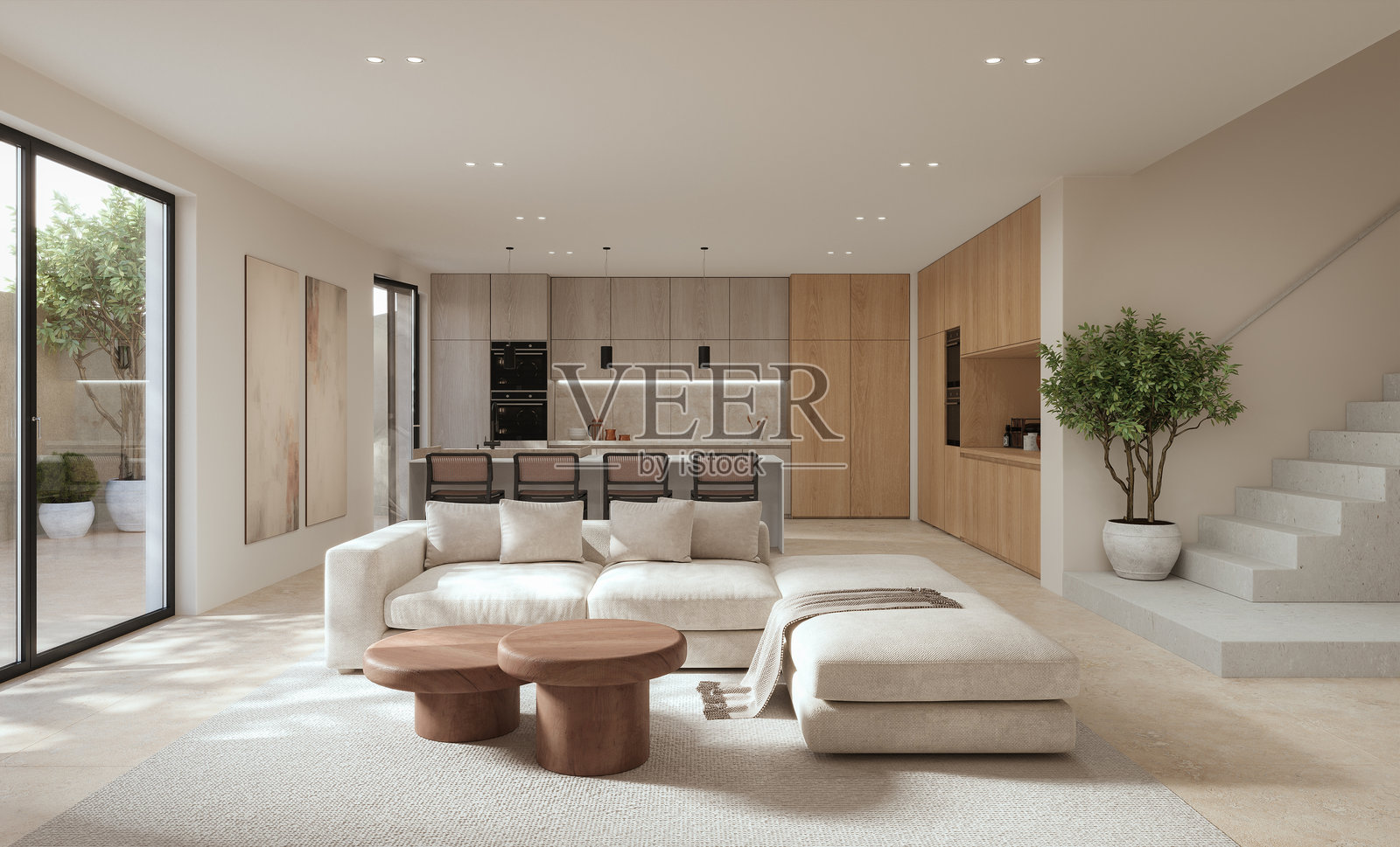 开放式客厅和厨房的室内设计，配有大窗户、舒适的沙发、餐桌和硬木地板。现代设计方案，3D渲染。照片摄影图片