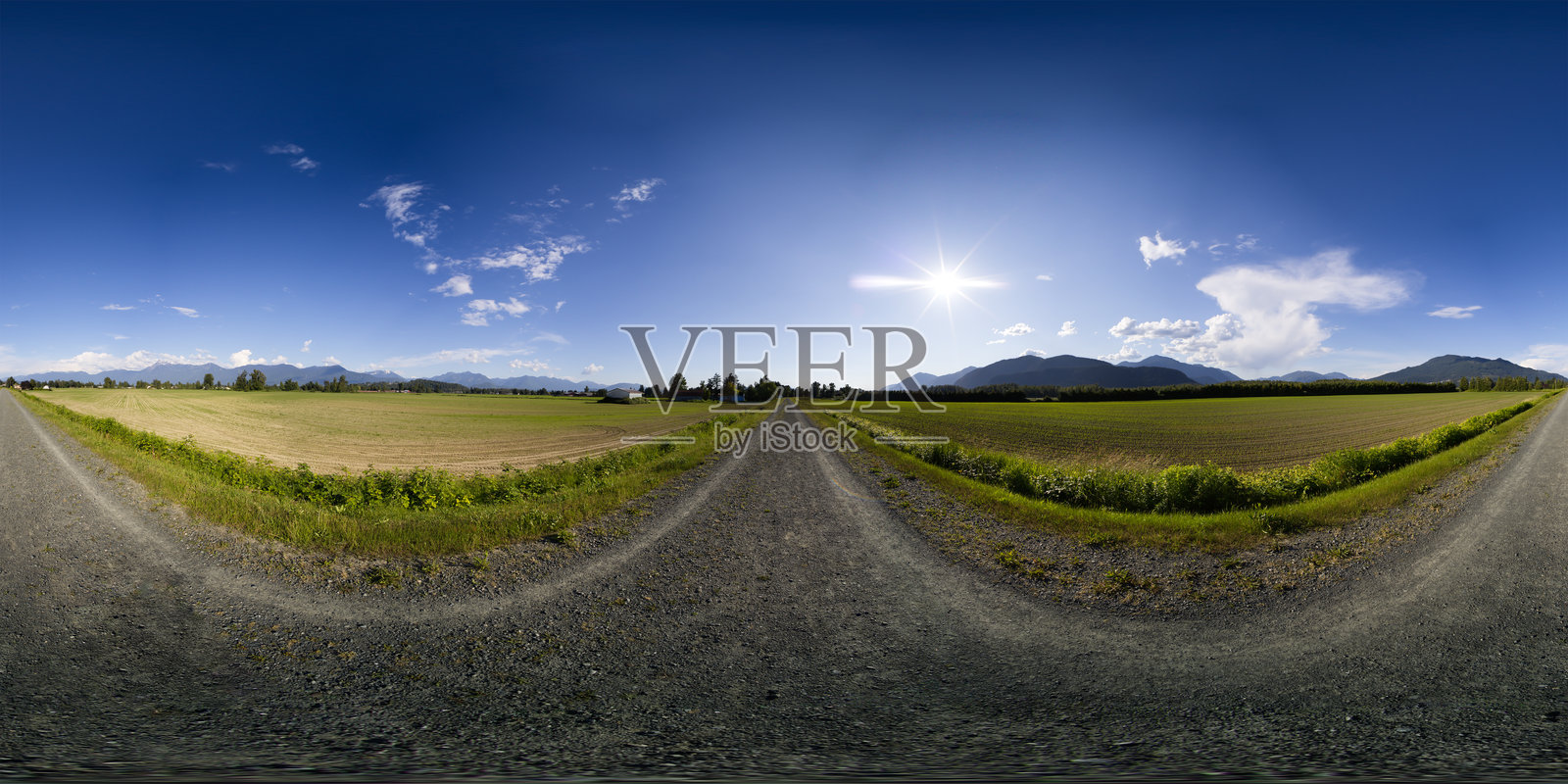 农田小路的360度VR全景。阳光明媚的傍晚。照片摄影图片