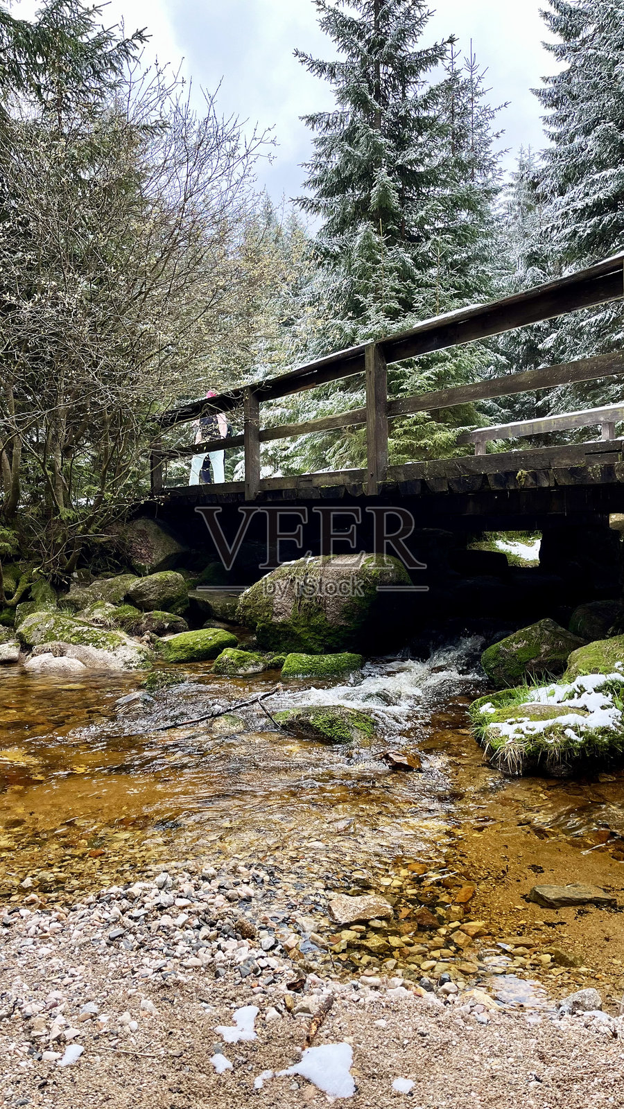 波兰与捷克共和国的山脉河流，流淌在波兰的苏台德山脉中照片摄影图片