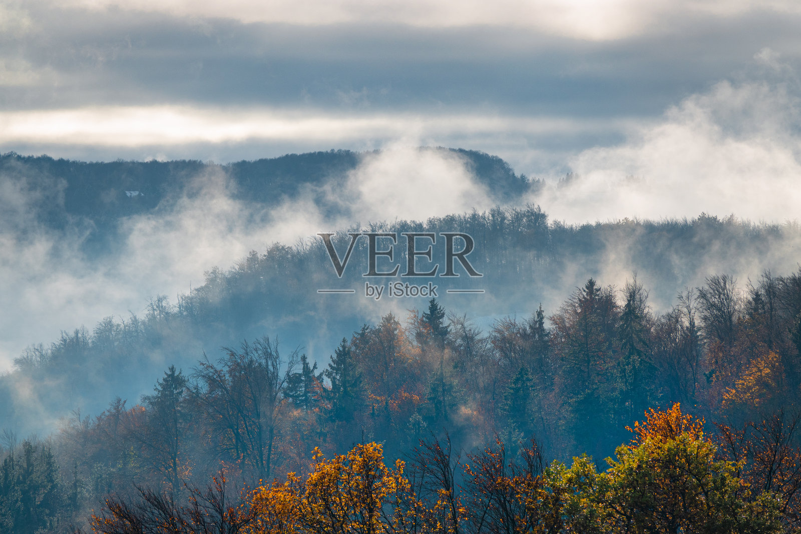 晨雾层层飘荡，笼罩着被秋季树木郁郁葱葱覆盖的山丘照片摄影图片