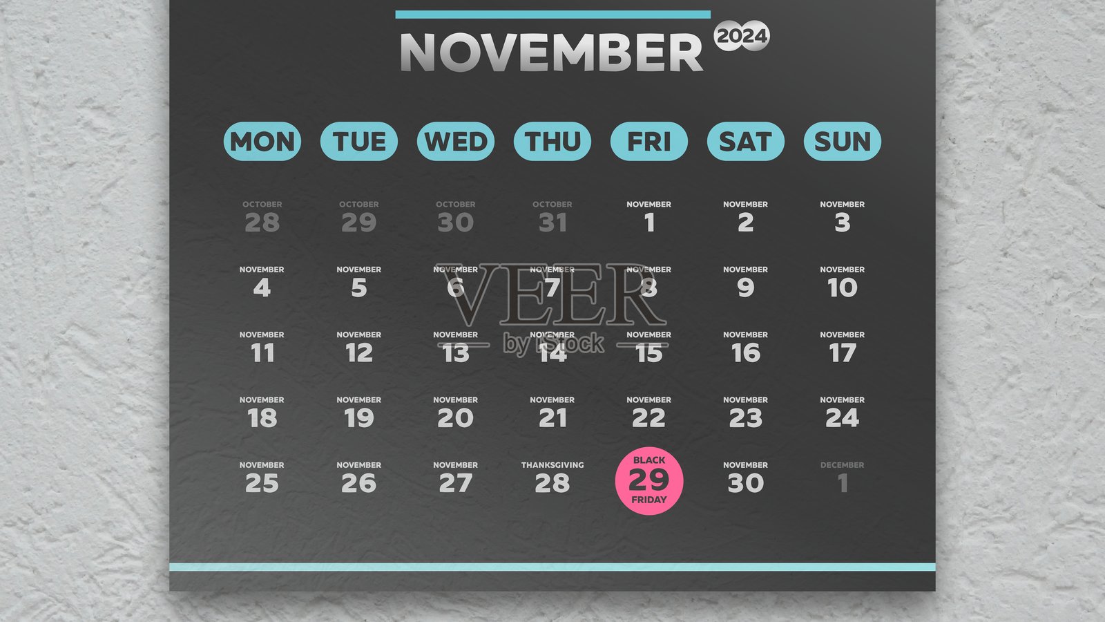 2024年11月的黑色日历页特写，标记了黑色星期五的日期照片摄影图片
