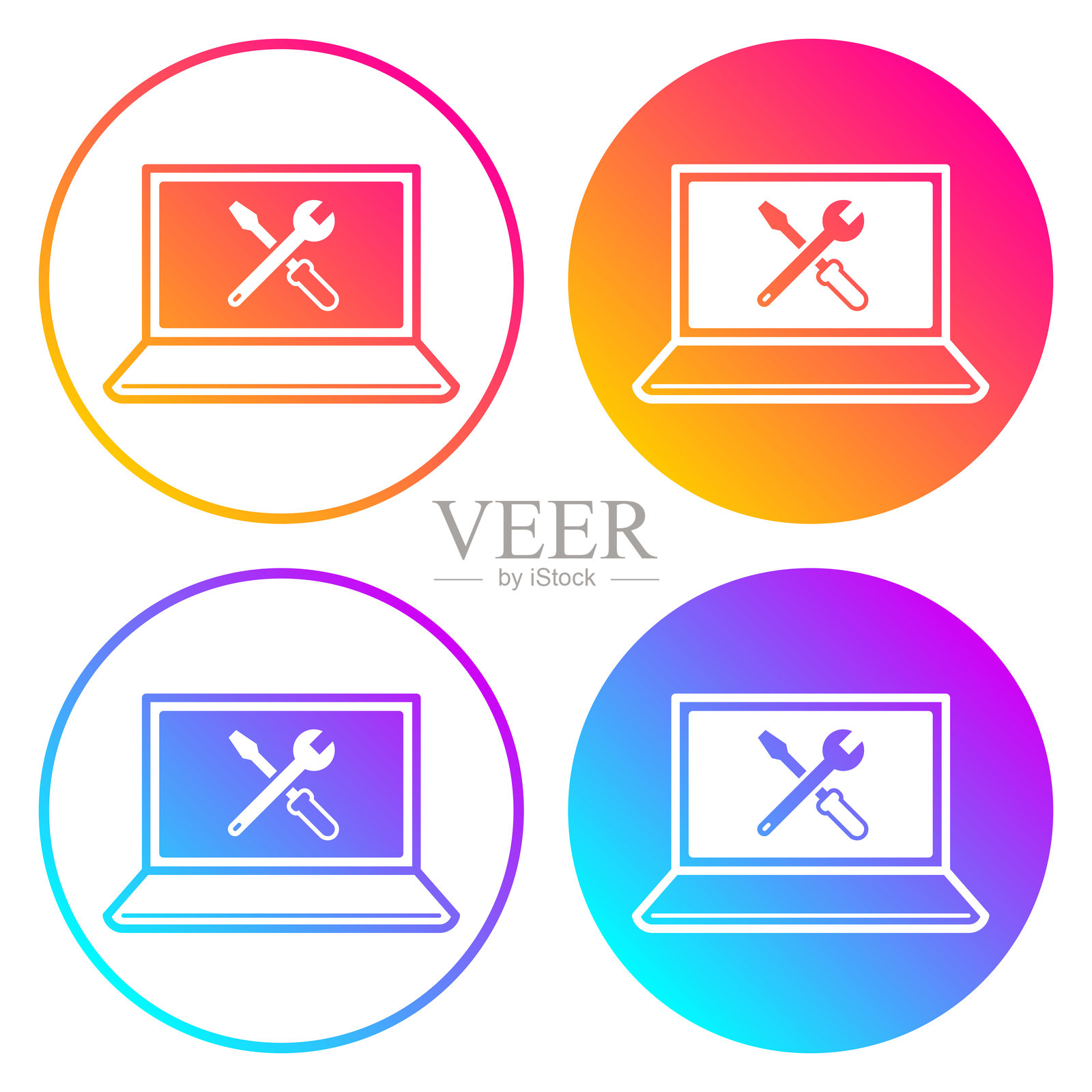 笔记本电脑设置 - 工具。带有颜色渐变的圆形图标插画图片素材